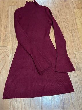 SHEIN Burgundy Ribbed Mock-Neck Long Sleeve Sweater Dress